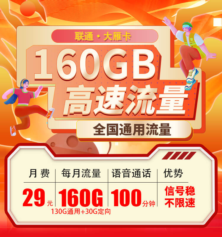 联通大雁卡29元160G流量+100分钟