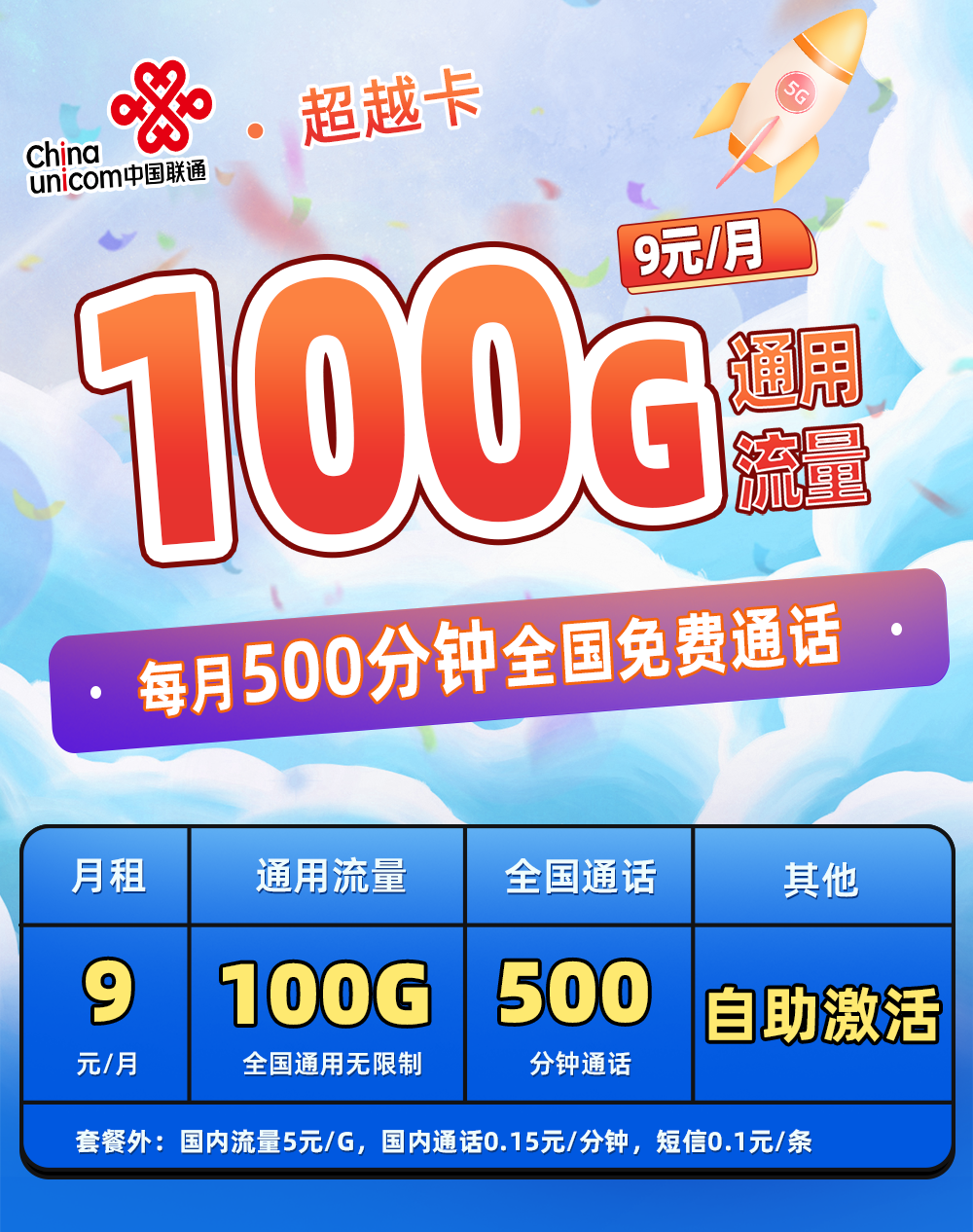 联通超越卡(16岁可办理)  9元/月享100G通用+500分钟通话（随时下架）